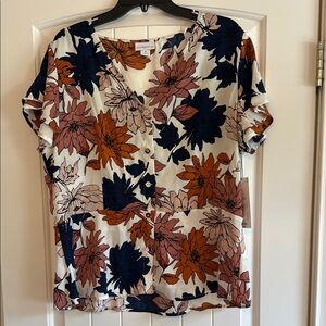 Liz Claiborne Blue and Orange Short Sleeve Notched Collar Blouse